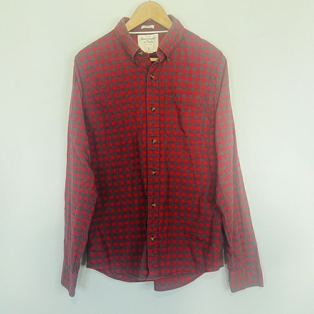 Abercrombie & Fitch Red Plaid Muscle Button Up Large - Picture 2 of 6